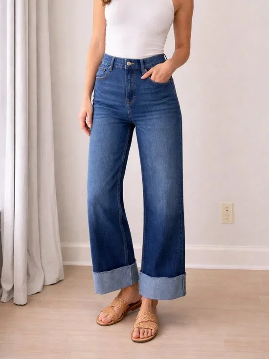 Lucky Brand Wide Leg High Rise Jeans Cuffed Raw Hem Medium Wash Denim Size 2- 26 - Picture 3 of 7
